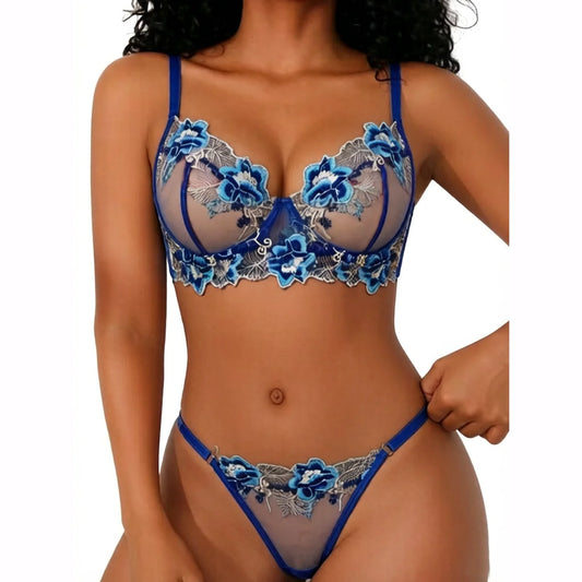 Blue Floral Embroidered Bra & Panty Set