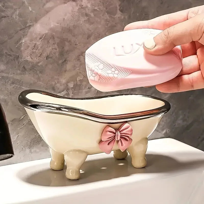 1Pc Cute Plastic Bathroom Soap Dish - Bowknot Design Soap Holder with Creative Drainage - Bathroom Accessories Tray