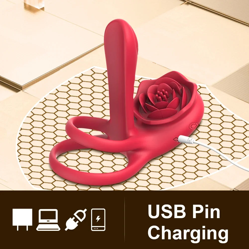 Remote Control Vibrating Cock Ring Penis Sleeve with Rose Clitoral Stimulator Penis Ring Vibrator Adult Sex Toys for Men Women