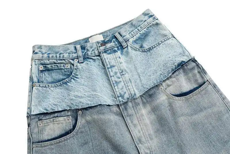 PFNW Niche Colorblock Patchwork Wide Leg Blue Jeans Men's Spring 2025 New Straight Double Waist Design Denim Trousers 28W6048
