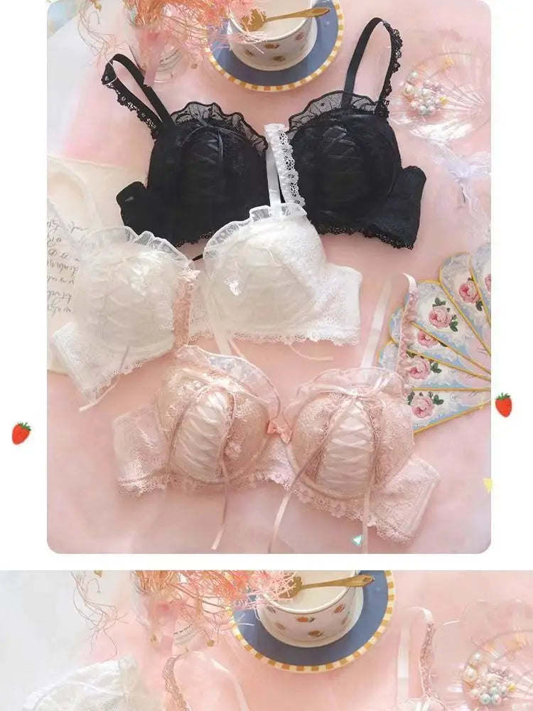 Lolita Prom Solid Color Sweet Bra Sexy Lace Bra Adjustable Gathering Anti-Expansion Bra Sweet Temperament Court Bra
