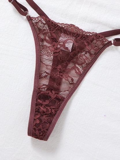 Women's Brown Lace Deep-V Bra & G-String Set
