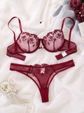Wine Red Floral Embroidered Bra & Thong Set