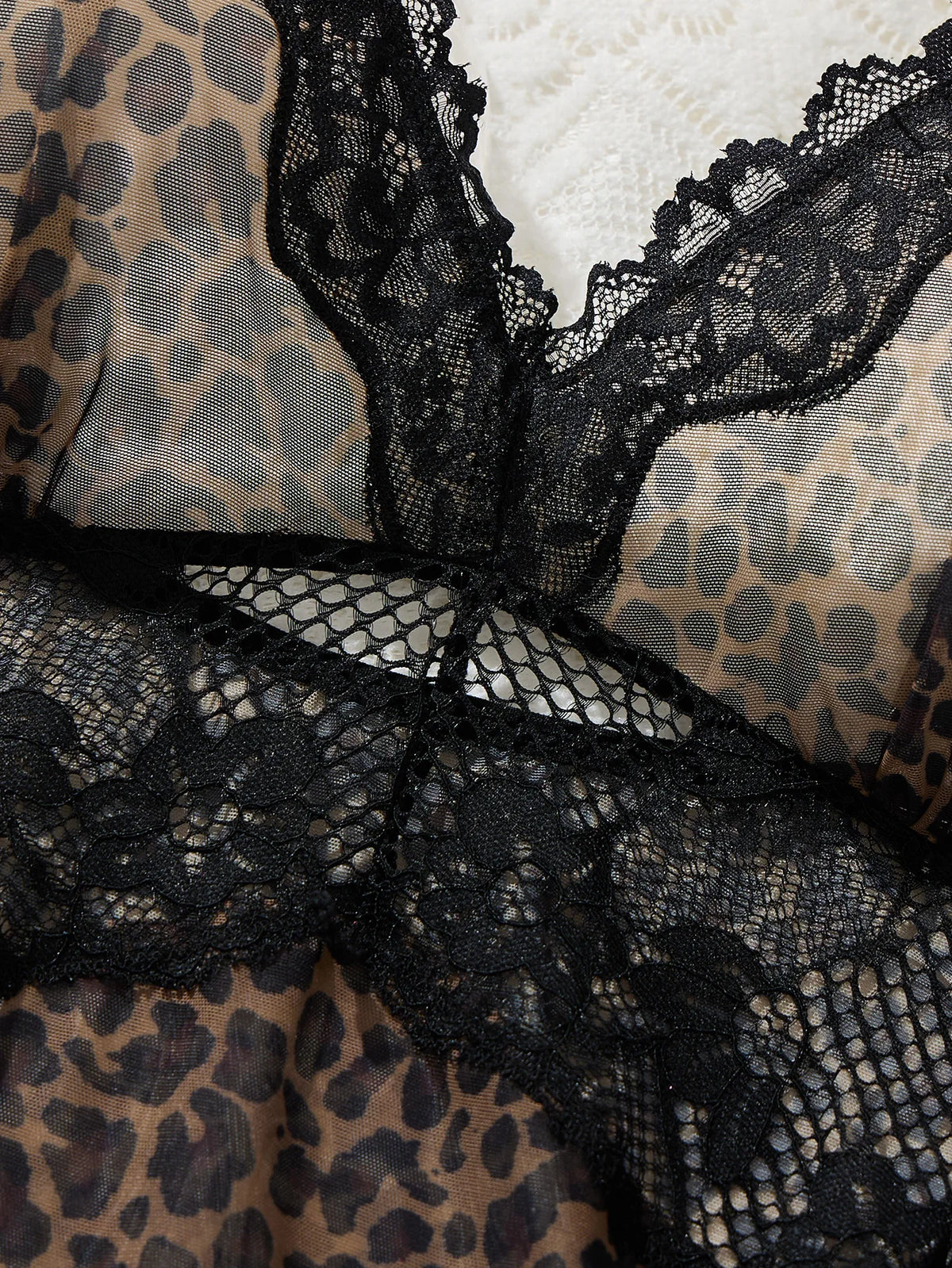 Black Leopard Lace Mesh Nightgown Set