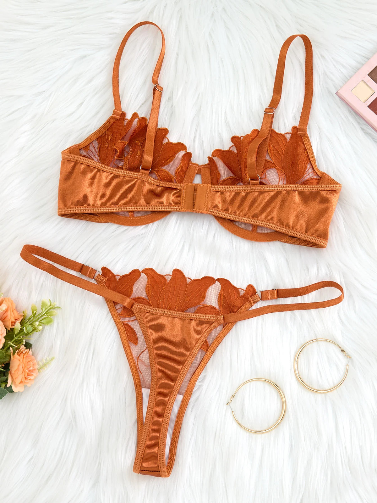 Gold Floral Embroidered Bra & Thong Set
