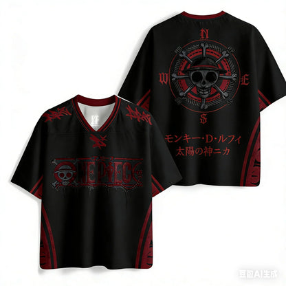Bandai 2026 One Piece Luffy Anime T-shirt Retro Baseball Jersey Style Printed Y2k Street Wear Harajuku Family Matching