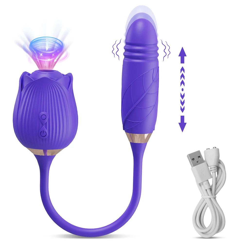 Vibrator Dildo Sex Toys for Women - Rose Sex Toy with Thrusting G Spot Vibrators & Sucking Modes for Clitoral Nipple Stimulation