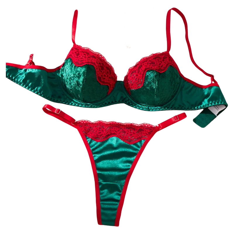 Green & Red Christmas Bra & Thong Set
