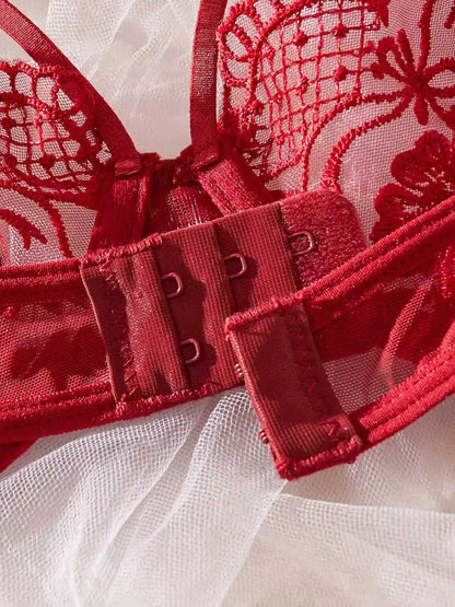 Women's Red Lace Embroidered 3-Piece Lingerie Set