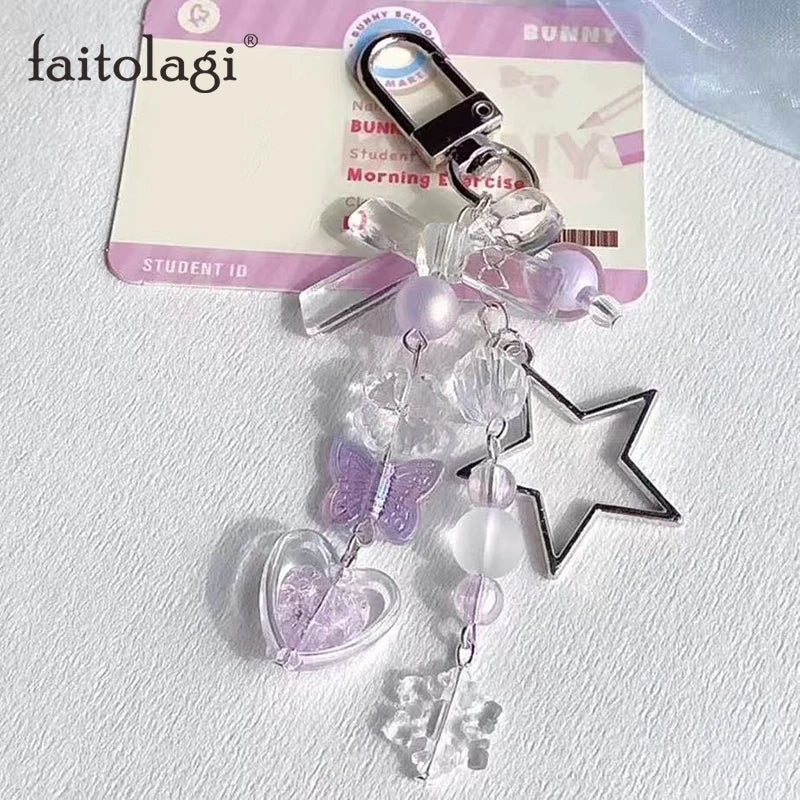 Y2K Bow Star Wing Couple Keychain Cute Blue Bowknot Heart Pendant Key Chain Purple Butterfly Beaded  Phone Charm Bag Keyring
