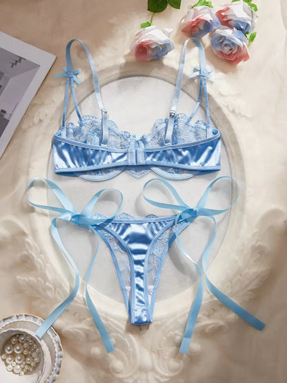 Women's Satin Floral Embroidered Lingerie Set