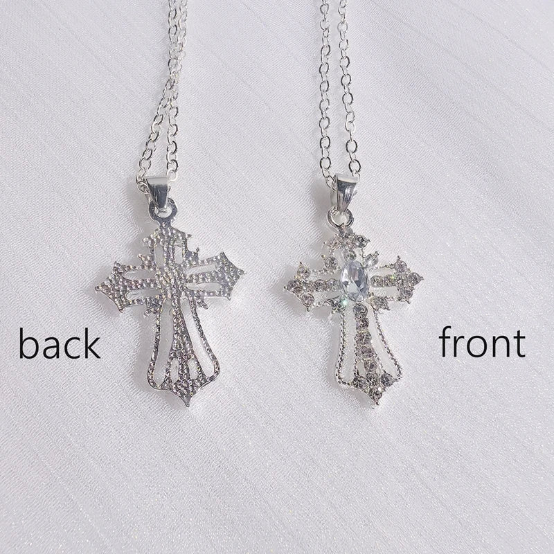 Gothic Pink Cross Necklace Y2K Purple Zircon Punk Pendant Necklace Grunge Heart Cross Necklace for Women Jewelry Accessories
