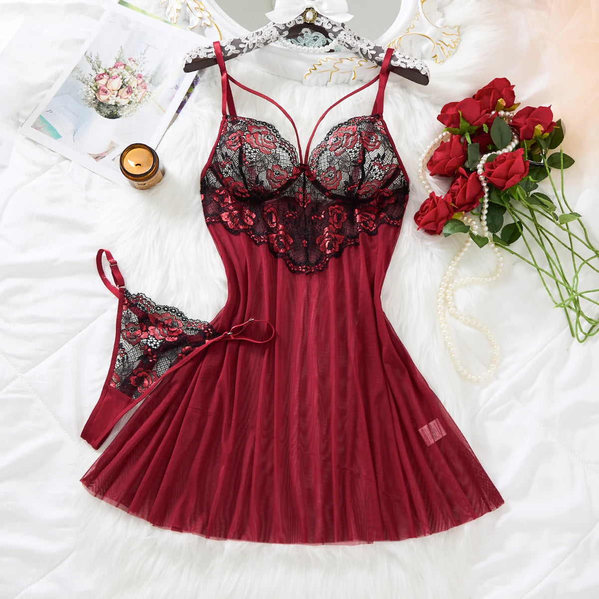 Wine Red Rose Embroidered Lace Nightgown Set