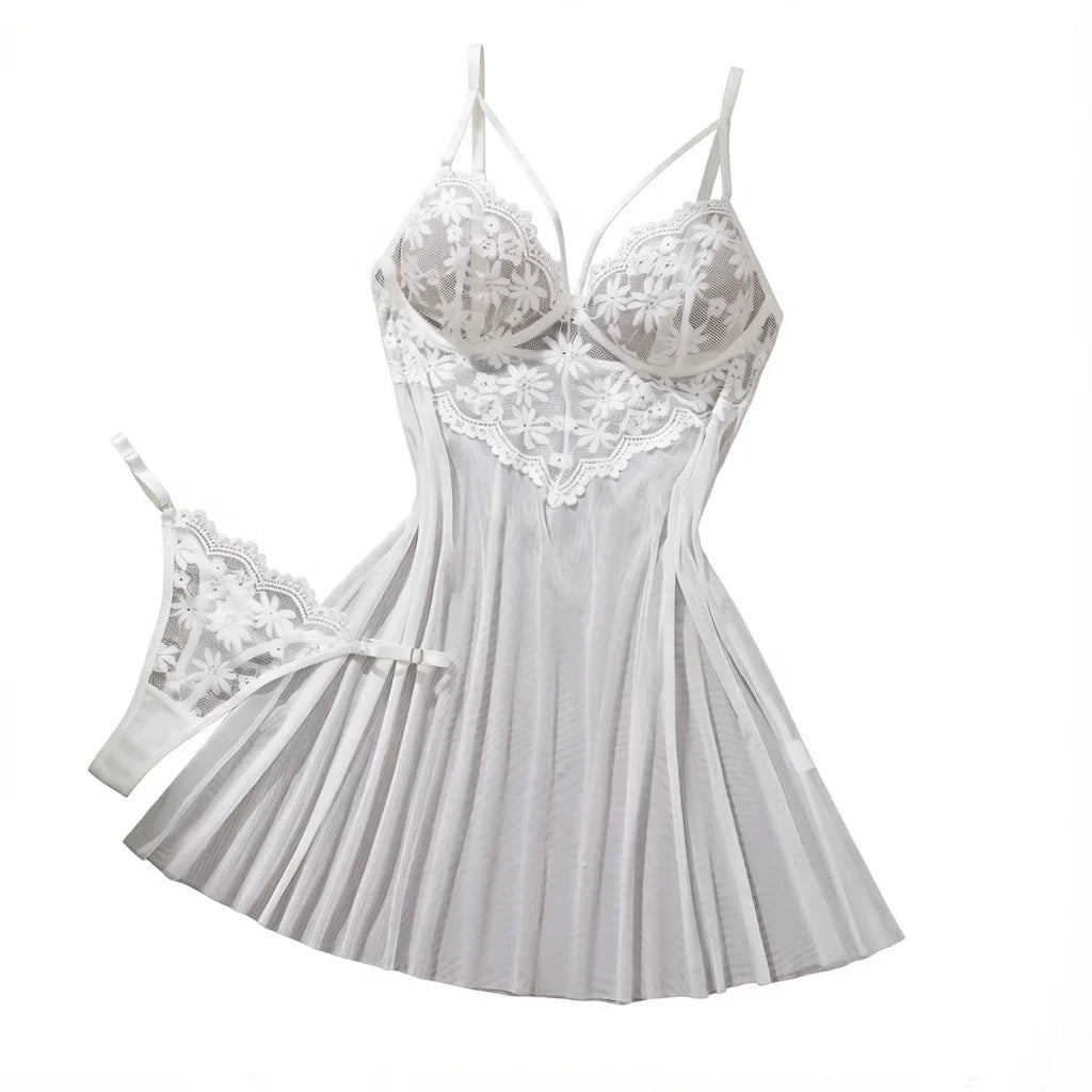 White Daisy Floral Lace Nightgown Set