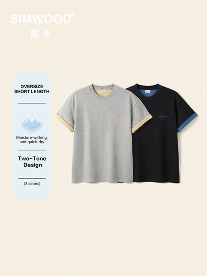 SIMWOOD 2026 Summer New 【Oversize Short Length】240gsm Moisture Wicking Quick Dry T-shirt Men Two-Tone Color Design Tops