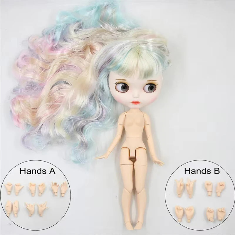 ICY DBS Blyth doll 1/6 bjd joint body dark skin shiny face blue hair white skin matte face Multi-colored hair 30CM toy anime