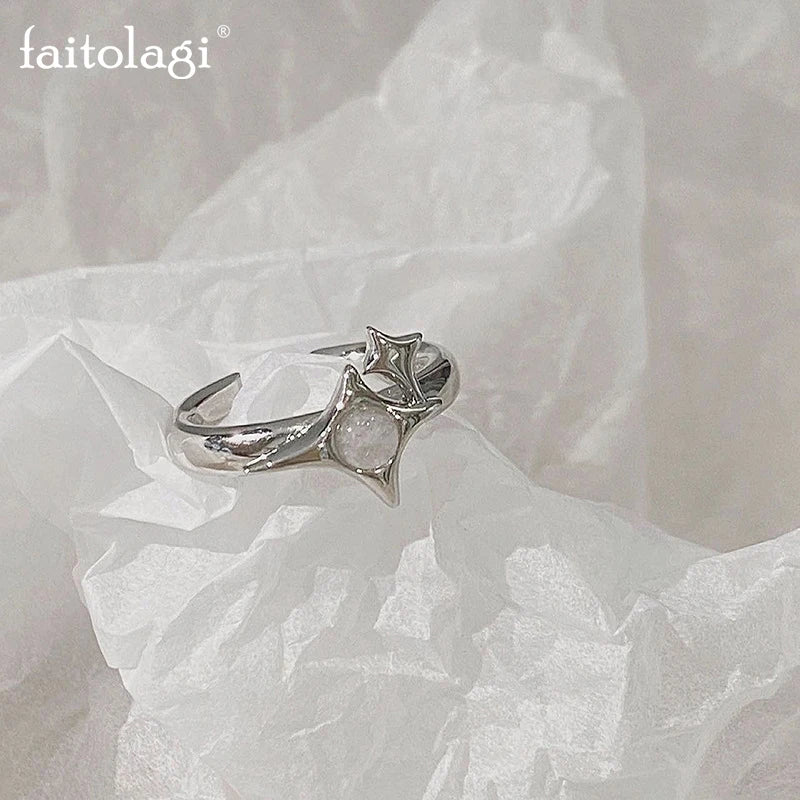 Irregular Cross Star Opal Rings Y2K Natural Stone Star Ring for Women Men Couple Rings Moonstone Zircon Ring Unisex Jewelry 2024