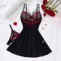 Black Red Rose Embroidered Nightgown Set