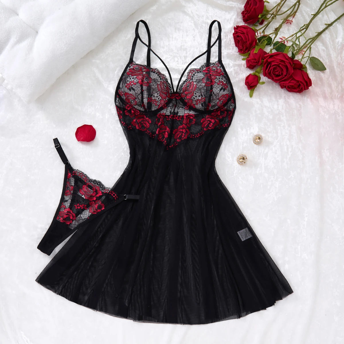 Black & Red Rose Embroidered Nightgown Set
