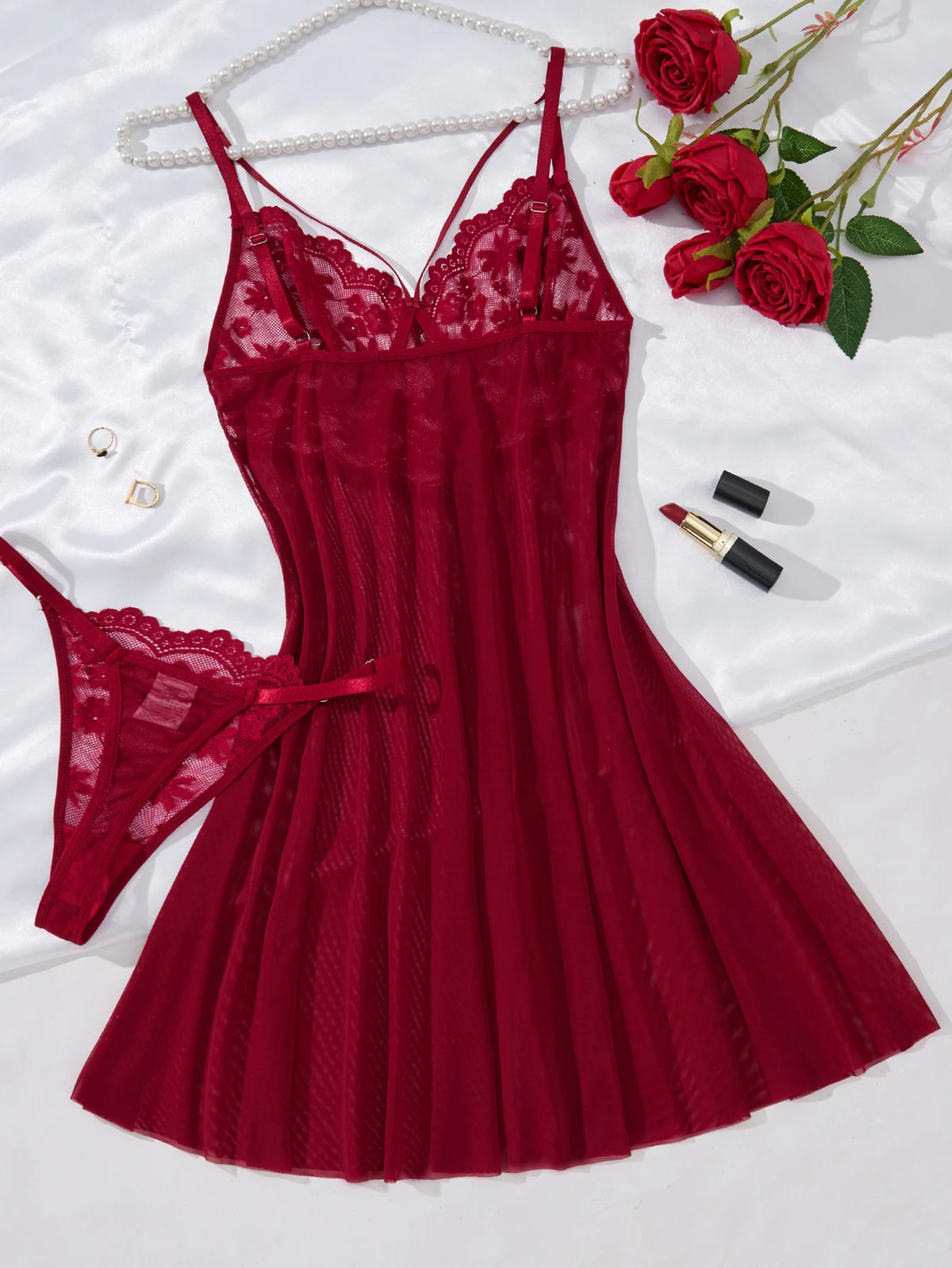Wine Red Lace Mesh Nightgown Set