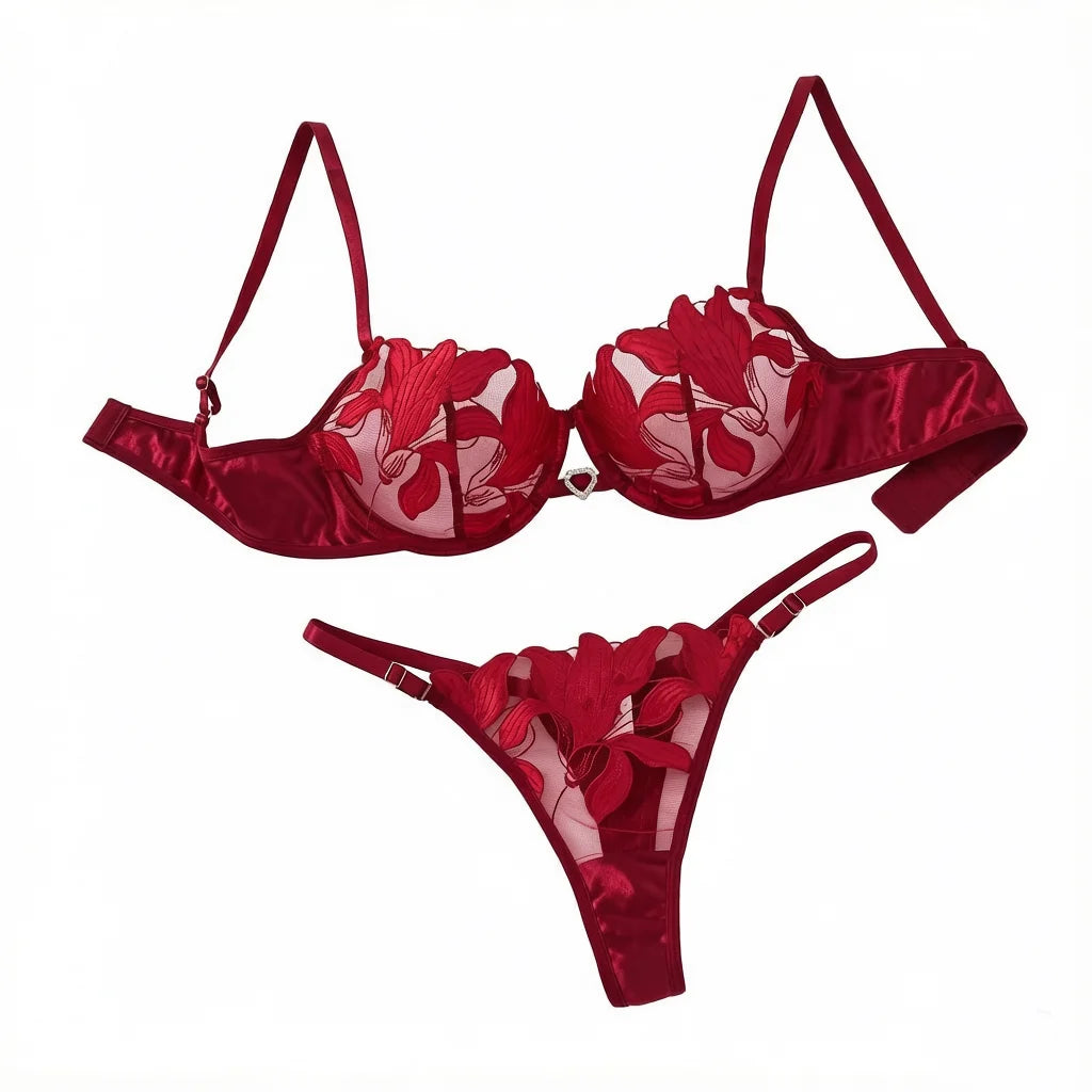 Wine Red Floral Embroidered Bra & Thong Set