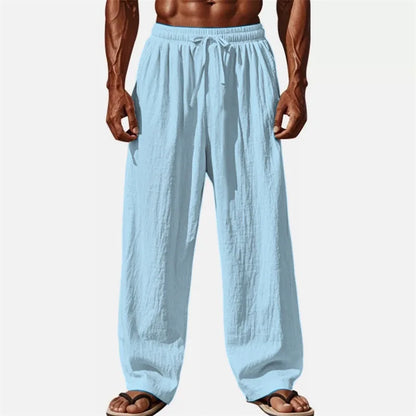 Men's Casual Pants Daily Wear Solid Summer Full Length Soft Linen Pants Mid Waist Pocket Drawstring Trousers Streetwear Bottoms