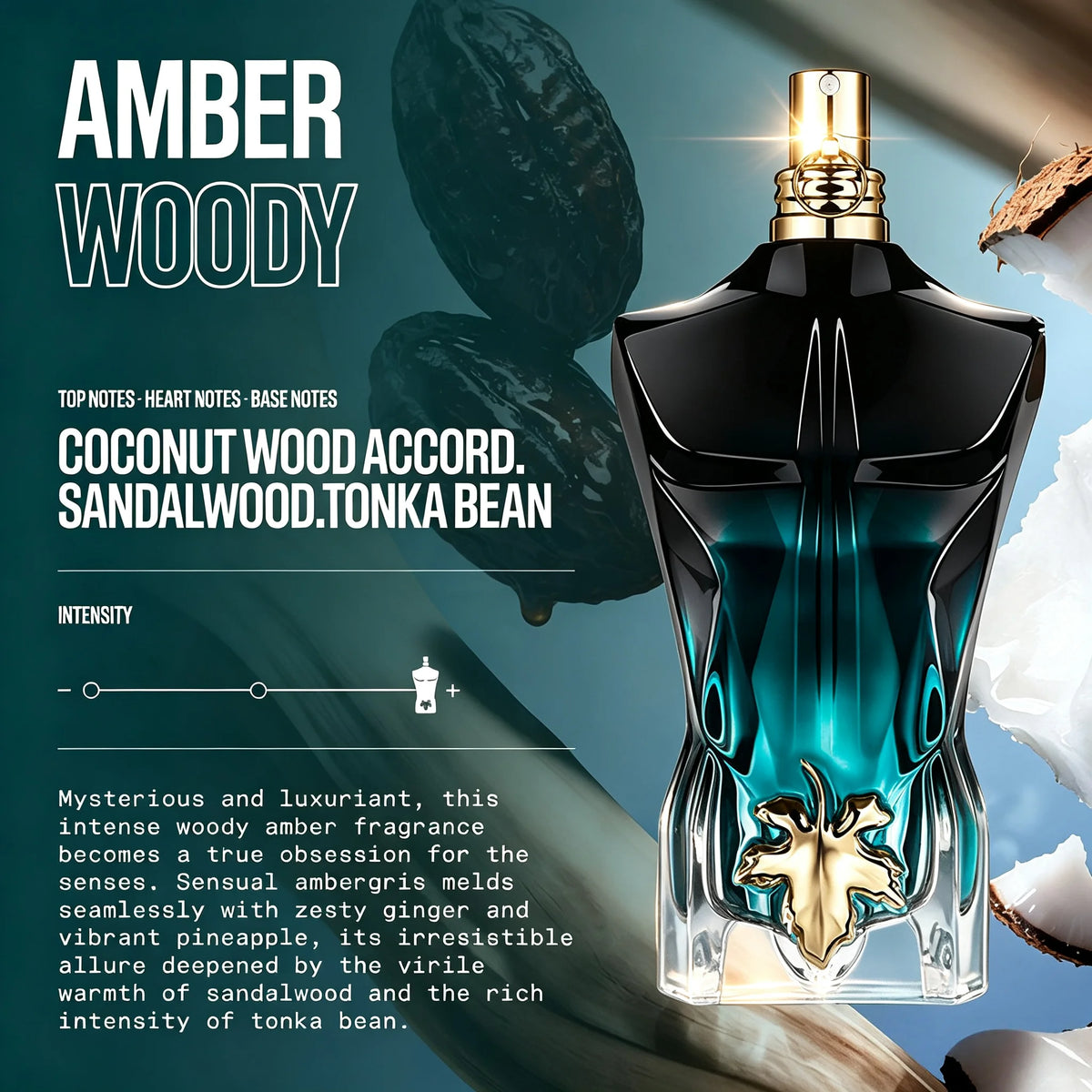 Jean Paul Gaultier Le Beau Le Parfum Intense for Men Infused with Coconut Wood, Tonka Bean & Sandalwood, Designer Perfume-Long-Lasting