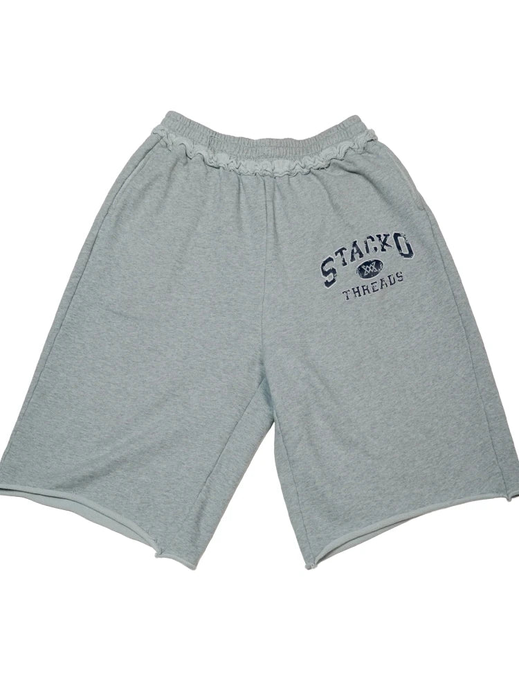 Streetwear Retro Pilot Sweatshorts Grey Crest Graphic Woven Label Frayed Long Shorts Y2K Swag Hip Hop Terry Unisex Baggy Shorts