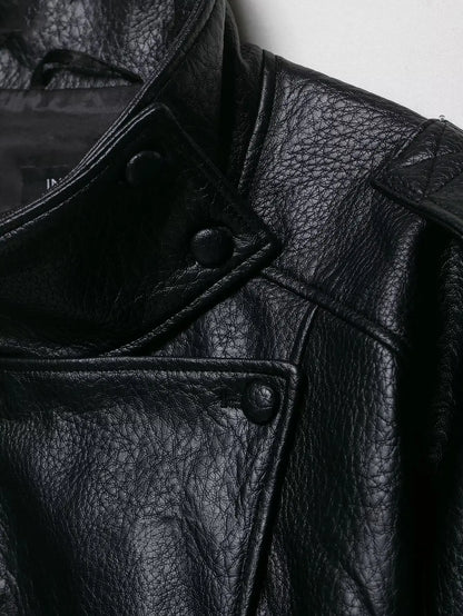 TFMLN 2025 Women Faux Leather Loose Jacket High Street Stand Collar Long Sleeve Coat Fashion Causal Zipper Outwear Autumn Winter