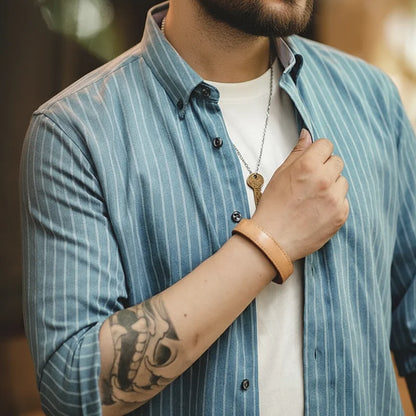 Maden Workwear American Retro Brushed Blue Vertical Stripe Shirt Business Casual Long Sleeve Non iron Shirt Men's Tops Autumn