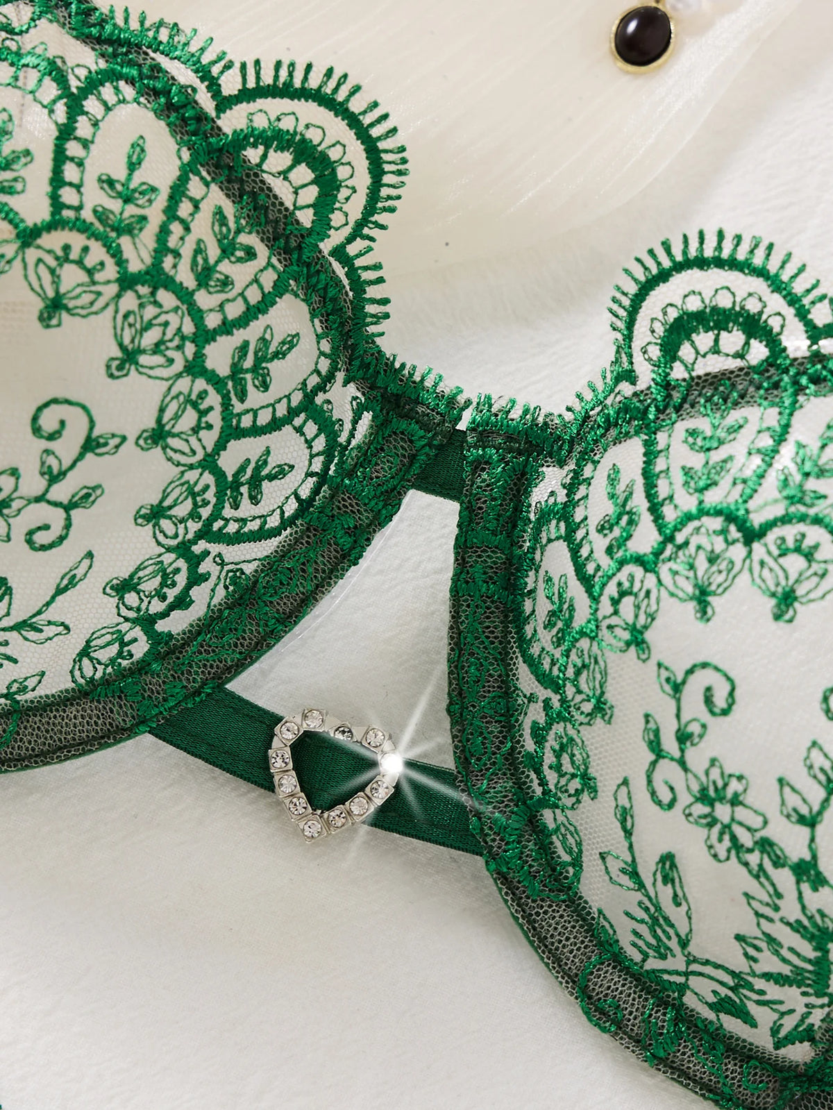 Dark Green Floral Embroidered Bra & Tie-Side Thong Set
