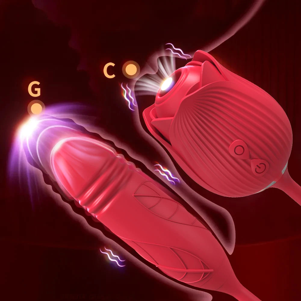 Vibrator Dildo Sex Toys for Women - Rose Sex Toy with Thrusting G Spot Vibrators & Sucking Modes for Clitoral Nipple Stimulation