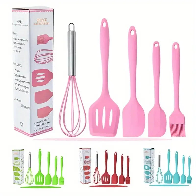 5pcs Colorful Silicone Kitchen Utensil Set Large Scraper Small Scraper Mixer Oil Brush Long Spatula Color Baking Kitchen Tools