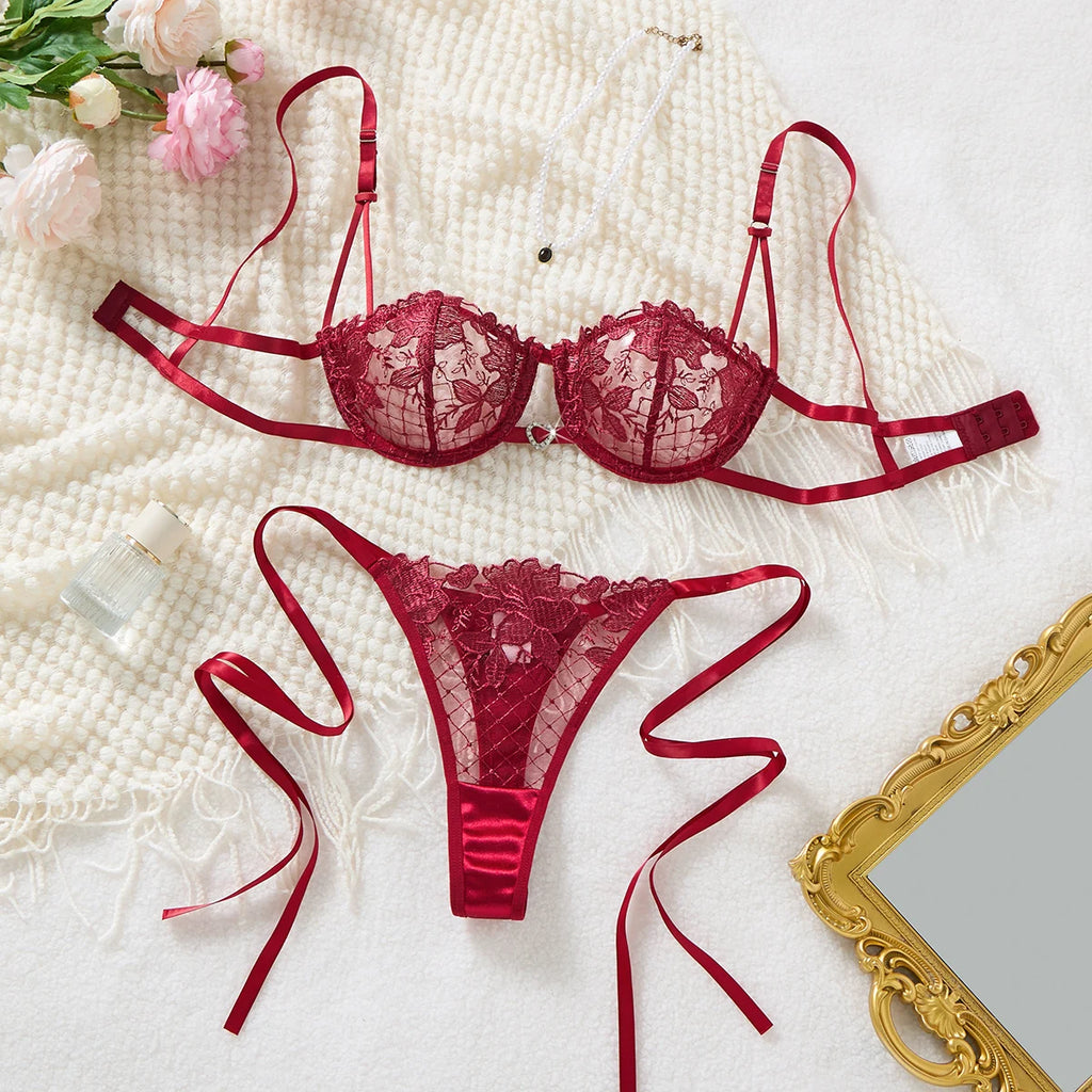 Red Floral Lace Bra & Tie-Side Thong Set
