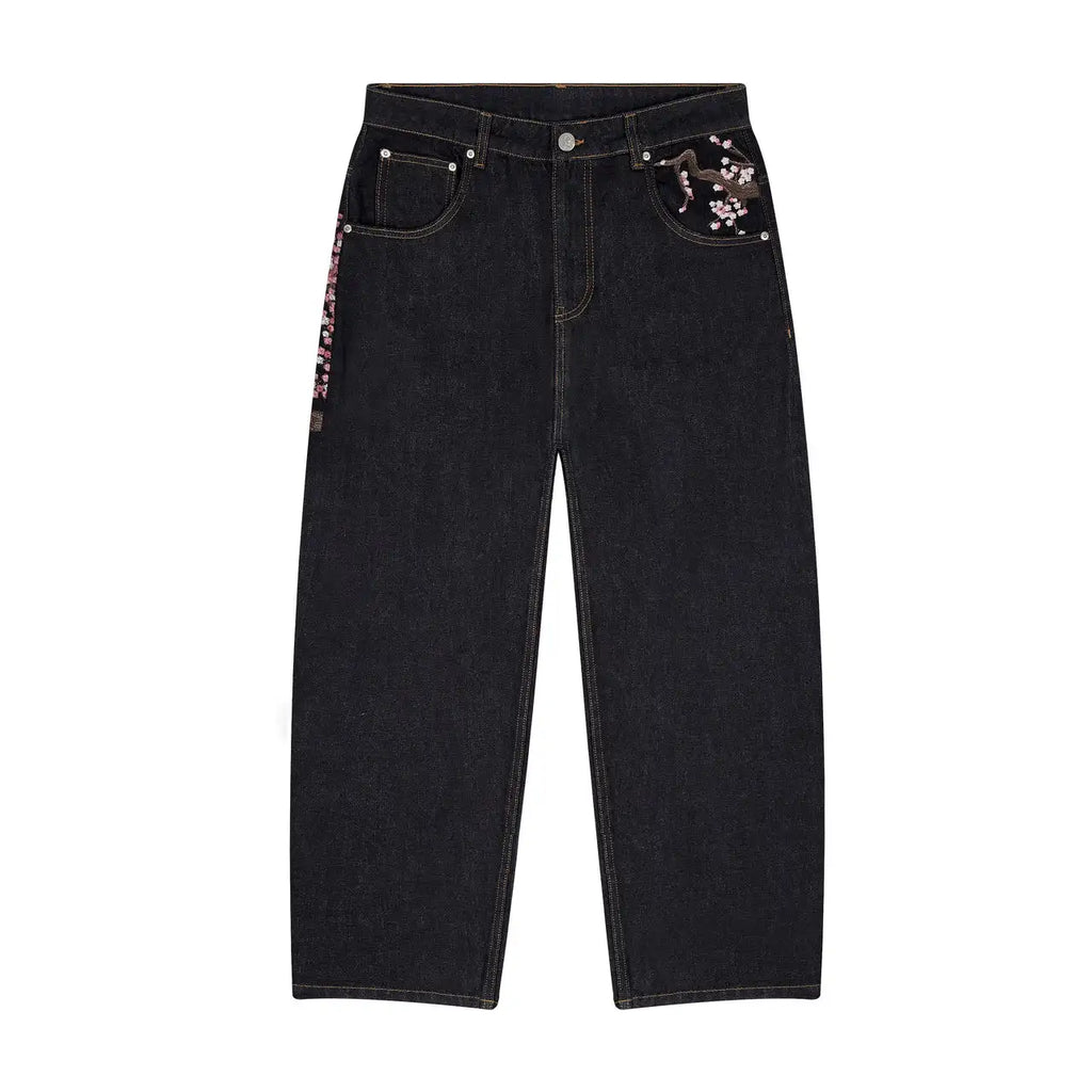 Cherry Blossom Selvedge Embroidery Denim Pants Y2k Retro Men Casual Baggy Straight Wide Leg Jeans High Quality Hiphop Streetwear