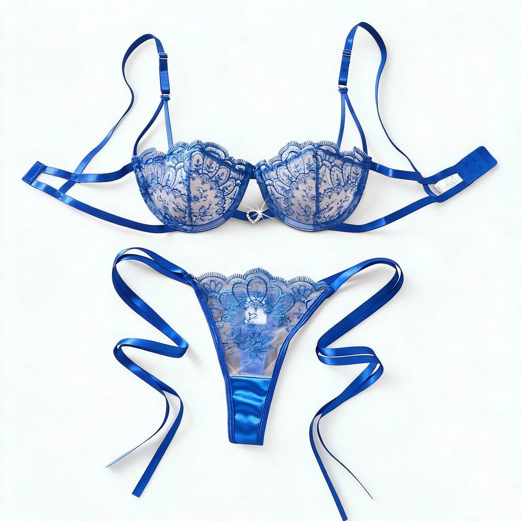 Blue Floral Embroidered Bra & Tie-Side Thong Set