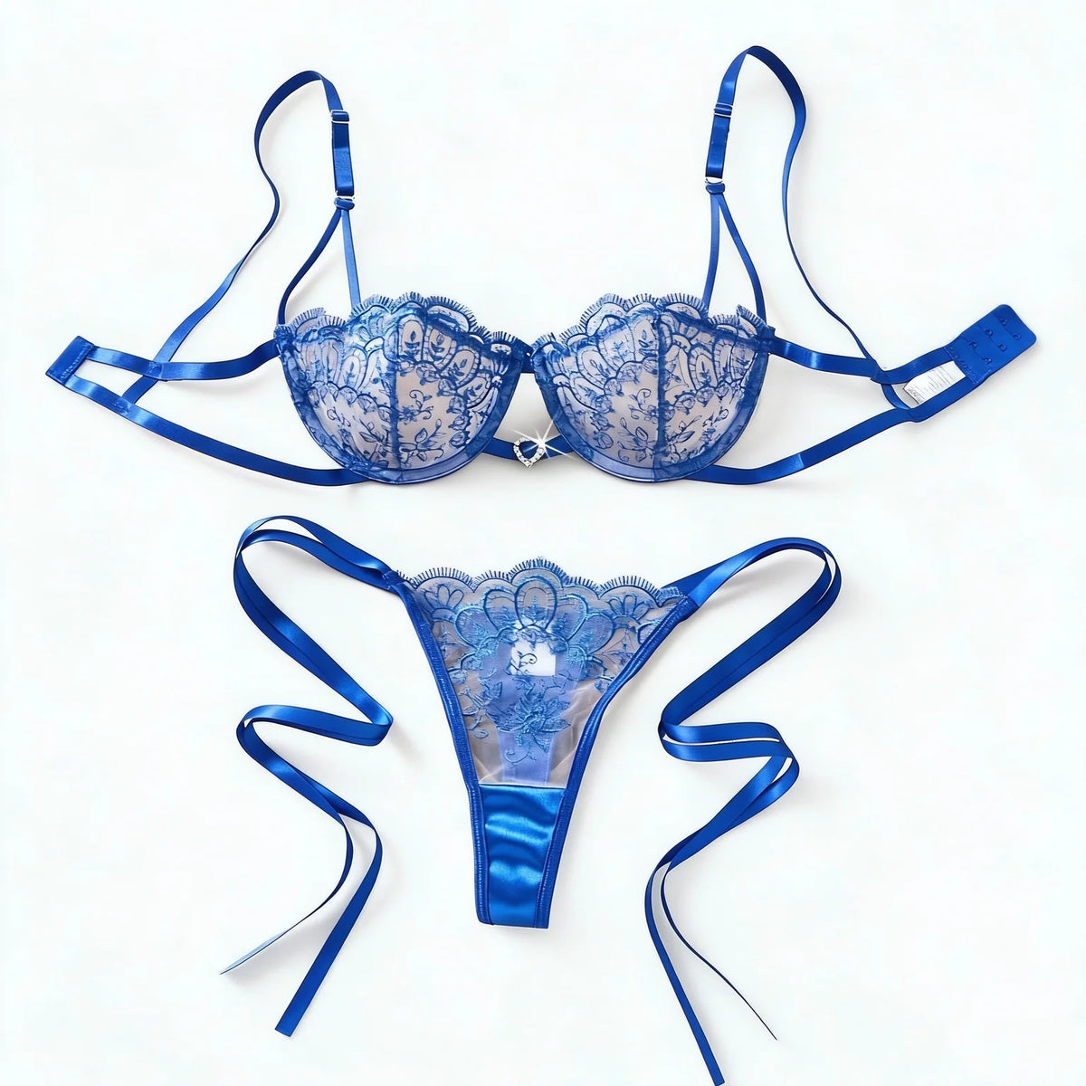 Blue Floral Embroidered Bra & Tie-Side Thong Set