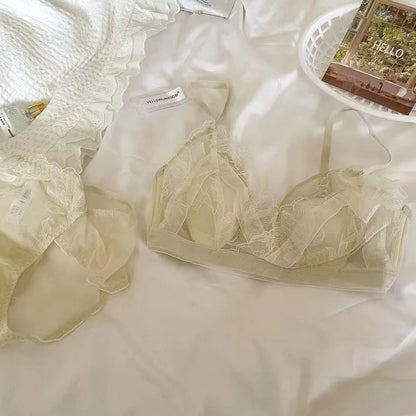 Sexy Lingerie Set Women's French Super Fairy Lace Mesh Thin Cup Rabbit Ear Cup Anti Bump Anti Sag Underwired Bra
