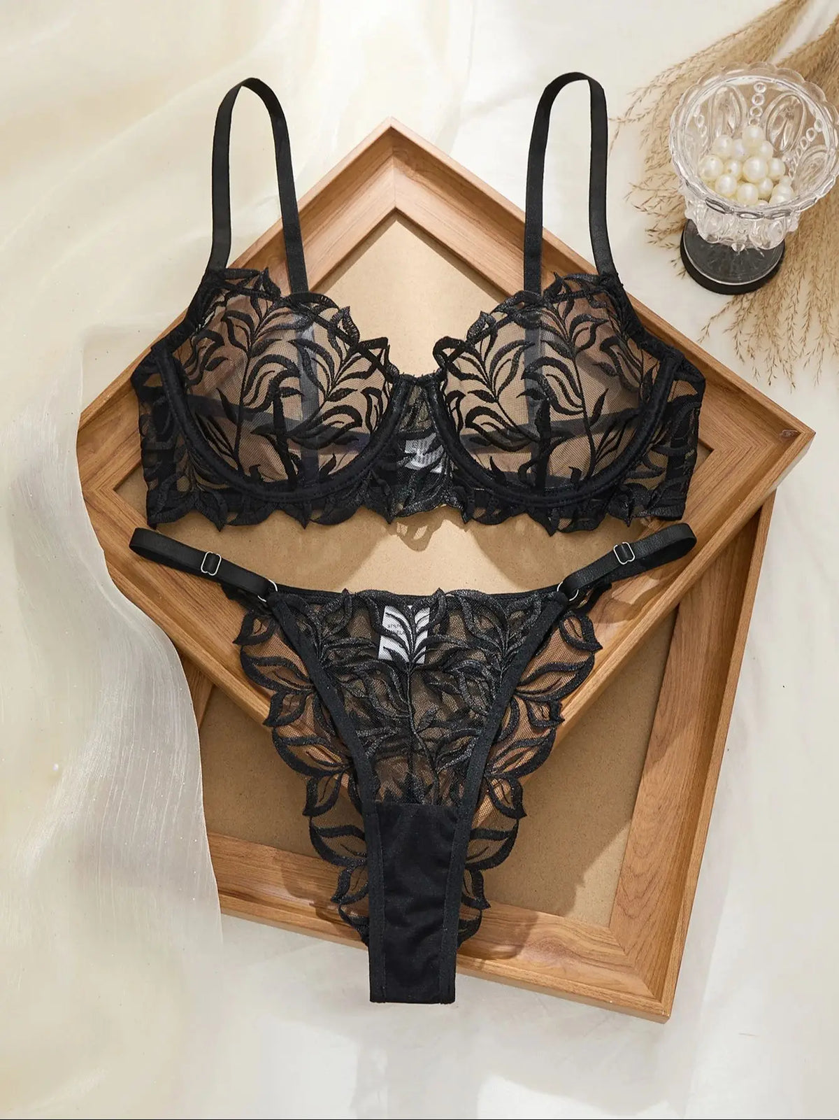 Women's Embroidered Sheer Bra & G-String Set