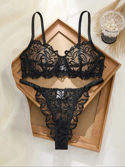 Women's Embroidered Sheer Bra & G-String Set