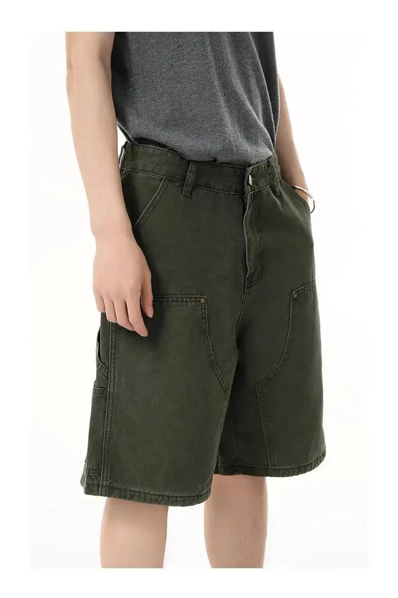 IEFB Men's Wear Knee Length Denim Shorts Summer New Multi Pocket Loose Jeans Solid Color Japanese Style Male Overalls 9C6027