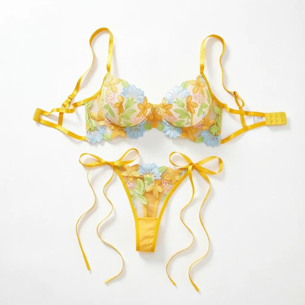 Yellow Floral Embroidered Bra & Tie-Side Thong Set