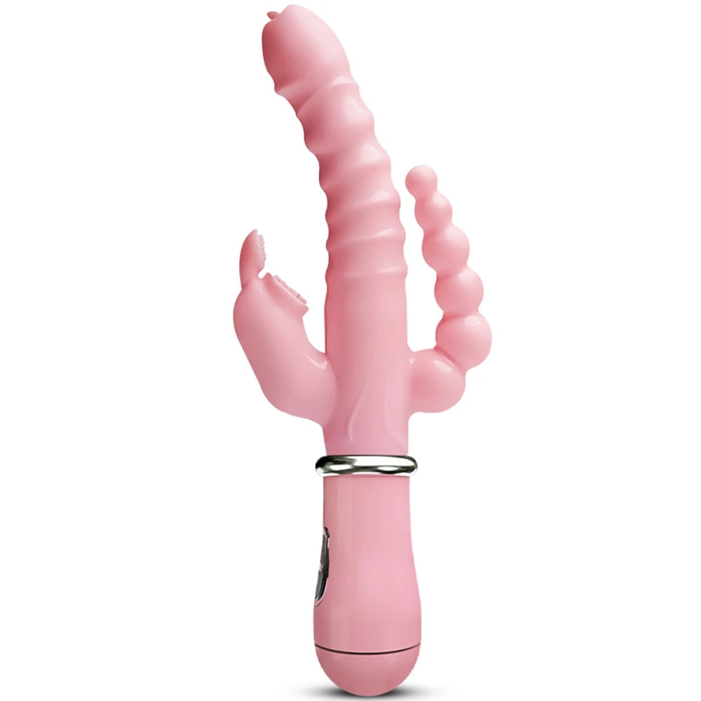 3 In 1 Dildo Rabbit Vibrator Clitoris G-Spot Rechargeable Anal Clit Vibrator Tongue Licking Double Rod Masturbation Stick