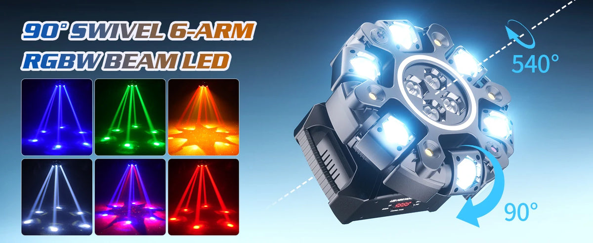 Fieryzeal 150W 6-Arm RGBW Beam Moving Head Light with Strip Effect Stage Light DMX512 Honeycomb Beam Strobe Effect for DJ Party