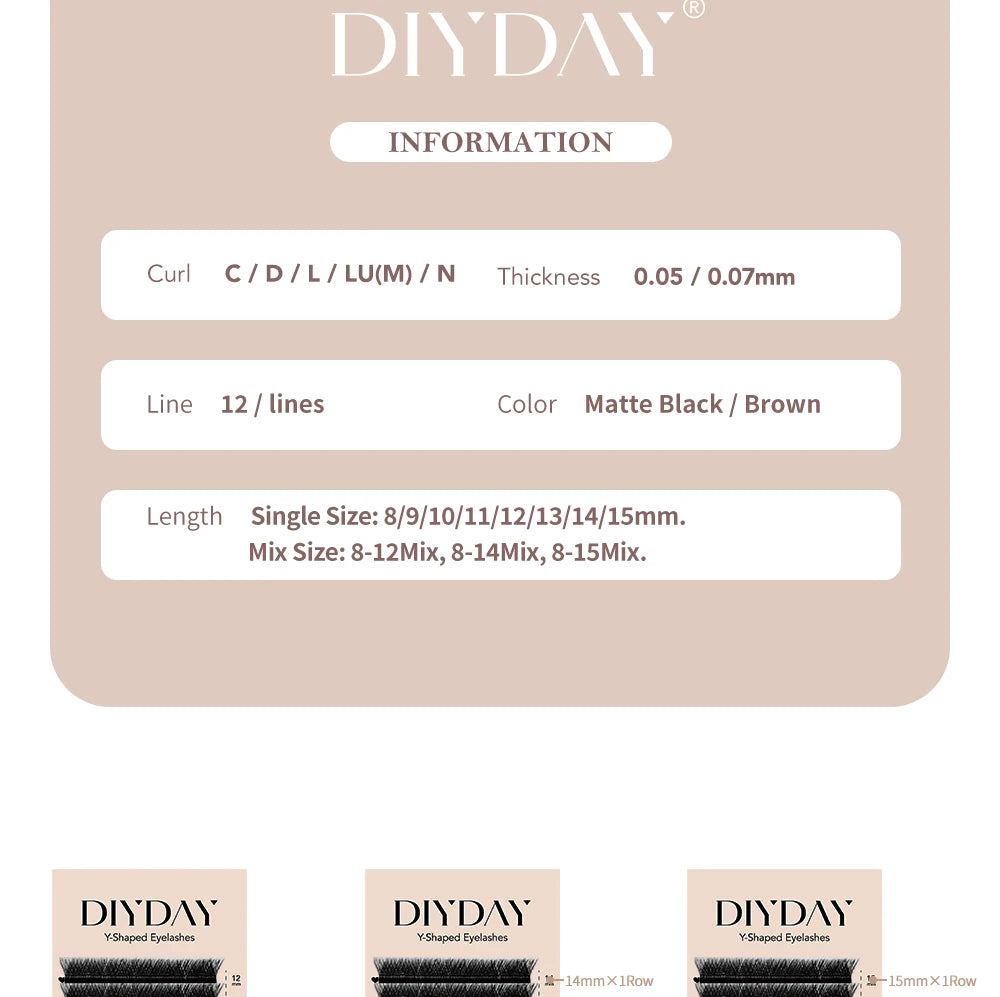 DIYDAY YY Shape Eyelash Extension C D L LU(M) N Curl Brown Lash Natural Soft Premade Volume Fans Two Tips Y-Shaped False Eyelash