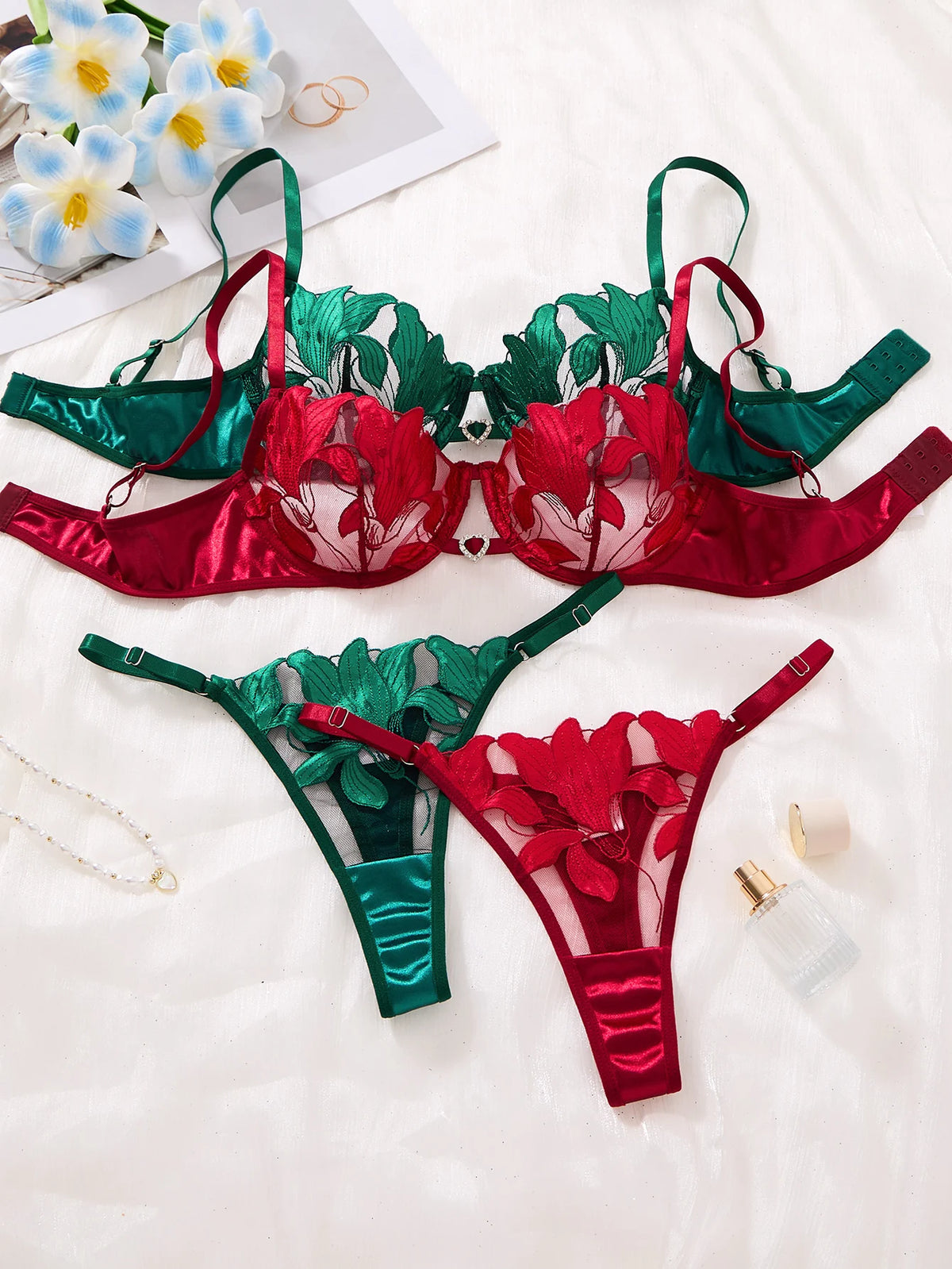 Floral Embroidered Bra & Brief Set