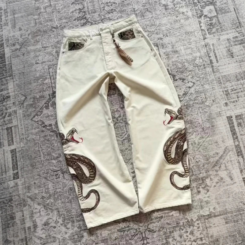 Streetwear Retro Snake Jeans Boa Embroidery Graphic Python Print Pocket Denim Pants Y2K Trend Unisex Baggy Straight Leg Pants