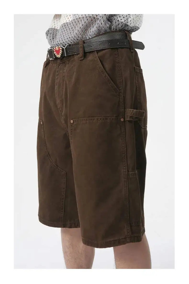 IEFB Men's Wear Knee Length Denim Shorts Summer New Multi Pocket Loose Jeans Solid Color Japanese Style Male Overalls 9C6027