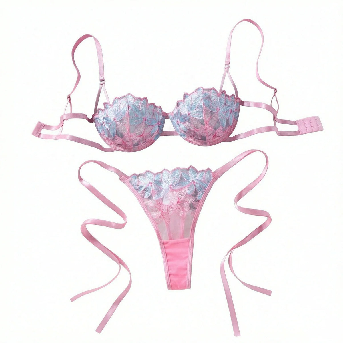 Pink & Blue Floral Embroidered Bra & Thong Set