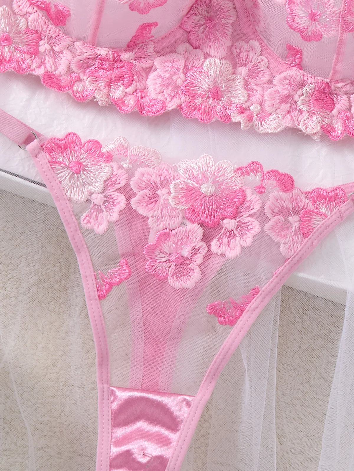 Pink Cherry Blossom Embroidered Bra & Thong Set